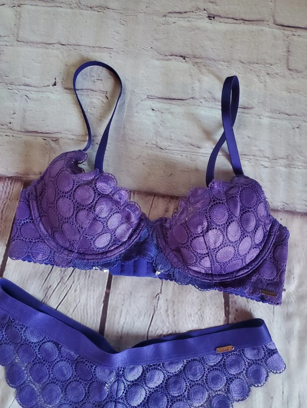 Savage‎ x Fenty Bra- 34B, Thong - Med Purple Lace Trim Underwire Sexy Romantic